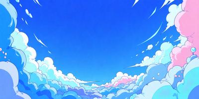 The primary subject of the image is a blue sky with clouds. The setting is a vast, open space with no visible land or objects. The visual style is a digital art or illustration, creating a sense of depth and dimension. The colors are predominantly blue and white, with the blue sky and clouds creating a serene and peaceful atmosphere.