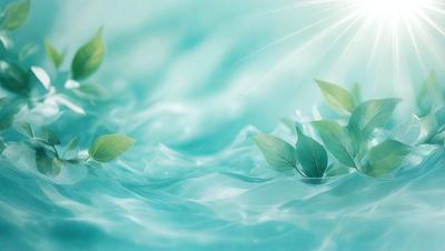 The primary subject of the image is a group of green leaves floating on a blue water surface. The leaves are arranged in a visually appealing manner, creating a sense of depth and movement. The setting is a blue ocean, which provides a serene and calming backdrop for the scene. The visual style of the image is a combination of photo and digital art, as it captures the natural beauty of the leaves and the water. The colors and mood of the image are predominantly blue and green, which evoke a sense of tranquility and harmony with nature.