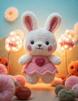 The primary subject of the image is a white stuffed bunny rabbit, which is wearing a pink dress and holding a heart. The setting is a room with a pink background, and the visual style is a combination of photo and digital art. The colors are predominantly pink and white, creating a warm and cheerful atmosphere.