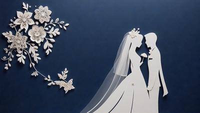 The primary subject of the image is a bride and groom, who are depicted in a white paper cutout form. They are standing close to each other, with the bride holding a rose. The setting is a blue wall, which serves as the backdrop for the paper cutouts. The visual style is a combination of digital art and illustration, as the paper cutouts are intricately designed and placed on the blue wall. The colors and mood of the image are predominantly white and blue, giving it a clean and elegant appearance.