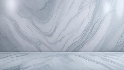 The primary subject of the image is a marble countertop with a patterned design. The setting is a kitchen or bathroom, as the countertop is a part of the counter. The visual style is a photo, showcasing the natural beauty and texture of the marble. The colors and mood of the image are predominantly white, giving it a clean and elegant appearance.