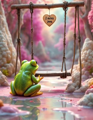 The primary subject of the image is a green frog sitting on a swing. The setting is a pink and purple environment, with a bridge and a heart-shaped sign nearby. The visual style is a digital art illustration, creating a whimsical and playful atmosphere. The colors and mood are predominantly pink and purple, giving the scene a warm and inviting feel.
