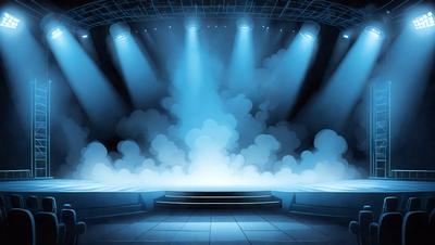 The primary subject of the image is a stage with a blue background and a cloudy sky. The setting is a theater or a stage, and the visual style is digital art. The colors and mood of the image are predominantly blue, creating a calm and serene atmosphere.