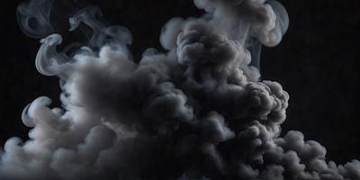 The primary subject of the image is a large, dark cloud with smoke billowing out of it. The setting is a dark sky, and the visual style appears to be a black and white photo. The dominant colors are black and white, and the overall atmosphere is dramatic and intense.