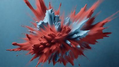 The primary subject of the image is a close-up of a red and blue explosion, which appears to be a digital art or illustration. The setting is a blue background, and the visual style suggests a creative and artistic approach to the scene. The dominant colors in the image are red and blue, creating a vibrant and energetic atmosphere.