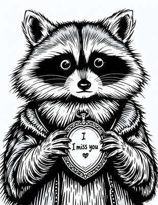 The primary subject of the image is a cartoon-like drawing of a raccoon holding a heart-shaped mirror. The setting is a black and white background, which adds a vintage or artistic touch to the scene. The visual style is a combination of illustration and drawing, creating a unique and creative representation of the raccoon. The colors and mood are predominantly black and white, giving the image a classic and timeless feel.