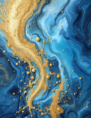 The primary subject of the image is a blue and gold painting featuring a swirling design. The setting is a blue background, and the visual style appears to be a combination of digital art and illustration. The dominant colors are blue and gold, creating a sense of depth and richness in the painting.