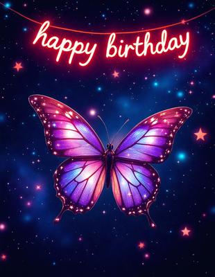 Happy Birthday: [The main object, scene, or focus of the image is a butterfly with a birthday message.]

Setting/background: [The environment, backdrop, or surface visible in the image is a starry night sky.]

Visual style: [The image is a digital art or illustration.]

Colors and mood: [The dominant colors in the image are purple and blue, creating a calm and celebratory atmosphere.]