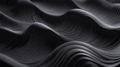 The primary subject of the image is a series of black and white waves, which are the main objects in the scene. The setting is a dark background, which contrasts with the waves. The visual style is a black and white photo, giving the image a classic and timeless appearance. The dominant colors are black and white, creating a moody and dramatic atmosphere.