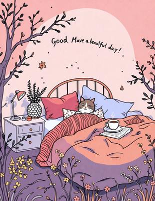 The primary subject of the image is a cat lying on a bed. The setting is a cozy bedroom with a bed, a cup, a vase, and a potted plant. The visual style is a colorful, hand-drawn illustration. The colors and mood are warm and inviting, creating a sense of comfort and relaxation.
