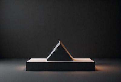 The primary subject of the image is a triangular object, possibly a sculpture or a piece of art, placed on a surface. The setting is a dark room, which creates a moody atmosphere. The visual style appears to be a combination of photo and digital art, as the object is displayed in a way that resembles a photo but also has a digital art quality. The colors in the image are predominantly dark, with the triangular object being the main focus and the surrounding environment being in shades of black and gray.