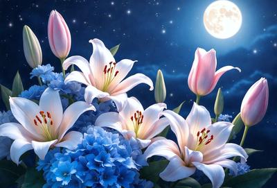 The primary subject of the image is a bouquet of white and pink flowers, with a blue background. The flowers are arranged in a visually appealing manner, creating a sense of beauty and tranquility. The visual style of the image is a digital art, which adds a touch of creativity and artistic flair to the scene. The dominant colors in the image are white, pink, and blue, which contribute to a serene and calming atmosphere.