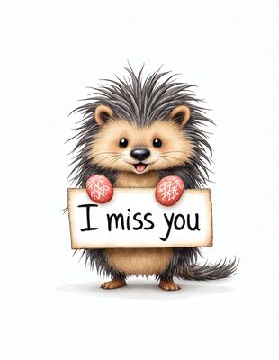 The primary subject of the image is a cute cartoon hedgehog holding a sign that says "I miss you." The setting is a white background, and the visual style is a digital illustration. The colors are predominantly shades of pink and red, giving the image a warm and affectionate mood.