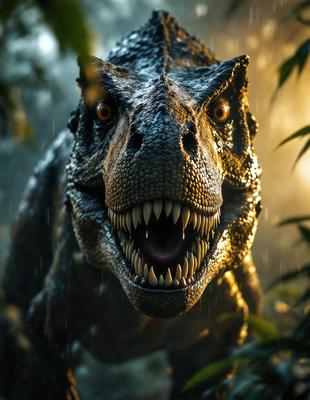 Primary subject: Dinosaur
Setting/background: Rainy forest
Visual style: Digital art
Colors and mood: Dark, moody, and dramatic