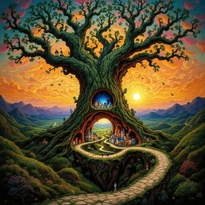 The primary subject of the image is a large tree with a hollowed-out trunk, which appears to be a doorway. The tree is situated in a lush green forest, surrounded by a variety of birds. The setting is a serene, natural environment with a sunset in the background. The visual style is a combination of digital art and illustration, creating a vibrant and detailed scene. The colors and mood of the image are warm and inviting, with the sunset casting a golden glow over the forest.