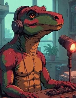 The primary subject of the image is a cartoon dinosaur wearing headphones and sitting at a desk. The setting is an office environment, with a TV visible in the background. The visual style is a digital art or illustration, creating a fun and lighthearted atmosphere. The colors are predominantly orange and green, reflecting the dinosaur's appearance and the overall mood of the scene.