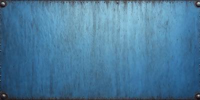 The primary subject of the image is a blue wall with a rusted metal surface. The setting is a room with a blue wall, and the visual style is a photo. The dominant colors are blue and rust, creating a mood of aged and weathered materials.