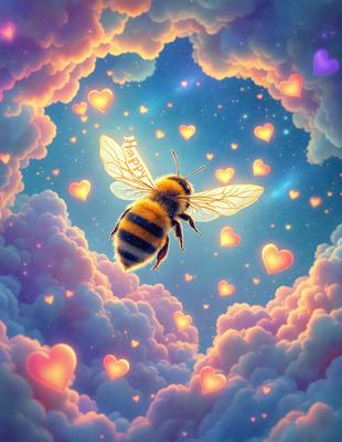 The primary subject of the image is a bee, which is flying through a cloudy sky. The setting is a bright and colorful environment, with a backdrop of clouds and a starry night. The visual style is a digital art or illustration, creating a whimsical and playful atmosphere. The colors are predominantly warm and vibrant, with the bee being the main focus of the scene.