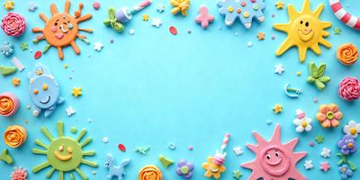 The primary subject of the image is a blue background with a variety of candy-themed decorations. These decorations include a candy sun, candy flowers, and other candy-shaped objects. The setting is a blue surface, and the visual style appears to be a combination of digital art and illustration. The colors and mood of the image are predominantly bright and cheerful, with the candy decorations adding a playful and fun atmosphere.