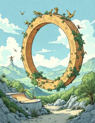 The primary subject of the image is a large wooden ring or wheel, which is suspended in the air. The setting is a lush green hillside, with a forest in the background. The visual style is a combination of digital art and illustration, creating a unique and imaginative scene. The dominant colors are green and brown, giving the image a natural and earthy atmosphere.