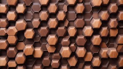 The primary subject of the image is a wooden wall with a pattern of hexagonal shapes. The setting is a room with a wooden surface, and the visual style appears to be a combination of a photo and a digital art or illustration. The dominant colors are brown and beige, creating a warm and natural atmosphere.
