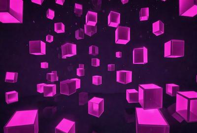 The primary subject of the image is a large number of pink cubes or squares floating in the air. The setting appears to be a dark, purple background, which contrasts with the bright pink cubes. The visual style of the image is digital art, as it is a computer-generated scene. The dominant colors in the image are pink and purple, creating a vibrant and lively atmosphere.