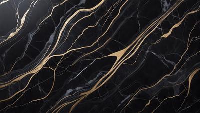 The primary subject of the image is a marble countertop with a gold-colored design. The setting is a kitchen, and the visual style is a close-up of the countertop. The colors and mood of the image are predominantly black and gold, giving it a luxurious and elegant appearance.