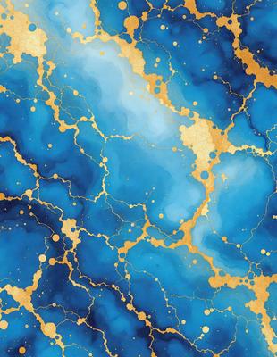 The primary subject of the image is a blue and gold swirling pattern, which appears to be a painting or a digital artwork. The setting is a blue background, and the visual style is a combination of digital art and painting. The dominant colors are blue and gold, creating a vibrant and lively atmosphere.