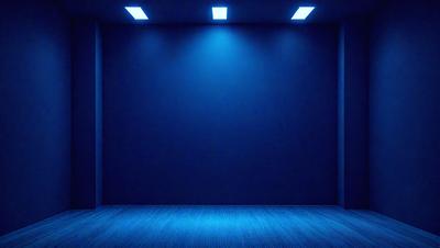 The primary subject of the image is a large, empty room with a blue wall. The setting is a dark room with a blue background, and the visual style is a photo. The room appears to be a large, empty space with a blue wall, and the overall atmosphere is calm and quiet.