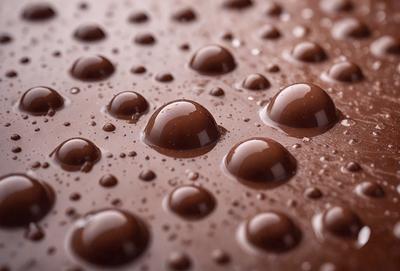 The primary subject of the image is a close-up of a chocolate sauce, which appears to be dripping or melting. The setting is a table, and the visual style is a close-up, possibly a photo or a digital artwork. The colors and mood of the image are predominantly brown, with the chocolate sauce being the main focus and creating a rich and indulgent atmosphere.