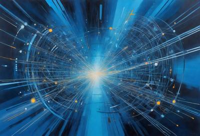 The primary subject of the image is a blue and yellow painting of a bright, colorful, and abstract scene. The setting is a blue background, and the visual style appears to be a digital art or illustration. The colors and mood of the painting are vibrant and energetic, creating a lively and engaging atmosphere.