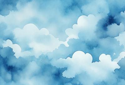 The primary subject of the image is a cloudy blue sky with white clouds. The setting is a vast, open sky, and the visual style is a watercolor painting. The colors and mood of the image are predominantly blue and white, creating a serene and calming atmosphere.