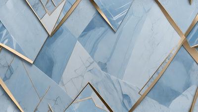 The primary subject of the image is a blue and gold marble tile. The setting is a wall with a pattern of blue and gold tiles. The visual style is a close-up of the tiles, showcasing their intricate design. The colors and mood of the image are predominantly blue and gold, creating a luxurious and elegant atmosphere.