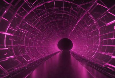 The primary subject of the image is a tunnel with a purple lighting effect. The tunnel appears to be a part of a roller coaster ride, as it is described as a "roller coaster tunnel." The setting is a dark, enclosed space, and the visual style is a combination of a photo and digital art. The dominant colors in the image are purple and pink, creating a unique and visually striking atmosphere.