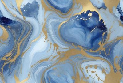 The primary subject of the image is a blue and gold marbled stone. The setting is a close-up of the stone, showcasing its unique pattern and texture. The visual style is a combination of a photo and digital art, creating a realistic yet artistic representation of the stone. The dominant colors are blue and gold, giving the image a rich and luxurious appearance.