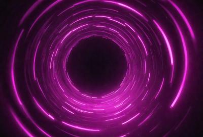 The primary subject of the image is a purple tunnel or a large, round, pink light. The setting is a dark, purple-lit environment, which creates a dramatic and moody atmosphere. The visual style appears to be a combination of a photo and a digital art or illustration, as the tunnel or light seems to be a part of a larger, more complex design. The colors and mood of the image are predominantly purple, with the pink light or tunnel serving as the focal point, drawing the viewer's attention into the depths of the dark space.
