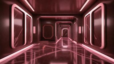 The primary subject of the image is a long, narrow hallway with a red color scheme. The setting is a futuristic environment, possibly a space station or a futuristic building. The visual style is a combination of photo and digital art, creating a unique and intriguing atmosphere. The dominant colors are red and pink, giving the hallway a bold and striking appearance.