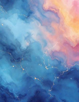 The primary subject of the image is a blue and purple cloudy sky. The setting is a colorful, swirling, and cloudy background. The visual style is a digital art or illustration, with a vibrant and lively atmosphere. The dominant colors are blue and purple, creating a sense of depth and beauty in the scene.