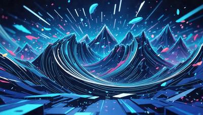 The primary subject of the image is a mountain range with a blue sky in the background. The setting is a futuristic cityscape, featuring a large mountain with a blue sky above it. The visual style is a combination of digital art and illustration, creating a vibrant and dynamic scene. The colors and mood of the image are predominantly blue, giving it a calm and serene atmosphere.