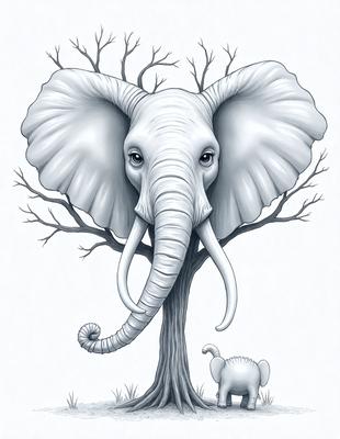 The primary subject of the image is a large elephant with a tree in its trunk. The elephant is standing next to a smaller elephant, which is located towards the right side of the image. The setting appears to be a natural environment, with the elephants standing in front of a tree. The visual style of the image is a combination of digital art and illustration, creating a unique and artistic representation of the scene. The colors and mood of the image are predominantly earthy tones, giving it a natural and serene atmosphere.