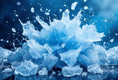 The primary subject of the image is a large pile of blue ice crystals. The setting is a dark background, which contrasts with the bright blue color of the ice crystals. The visual style appears to be a close-up of the ice crystals, showcasing their unique and intricate structure. The overall atmosphere of the image is cold and icy, as the blue ice crystals are the main focus and dominate the scene.