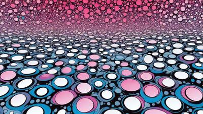 The primary subject of the image is a large number of circles, which are scattered throughout the scene. The circles are of various sizes and are placed on a surface that appears to be a mix of blue and pink. The setting is a combination of a blue and pink background, creating a visually striking and vibrant atmosphere. The visual style of the image is a mix of digital art and illustration, with the circles appearing to be both painted and digitally created. The overall mood of the image is lively and energetic, with the circles creating a sense of movement and dynamism.