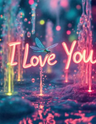 The primary subject of the image is a dragonfly hovering over a body of water. The setting is a colorful, neon-lit environment, with the dragonfly flying in front of a backdrop of water and a colorful, pink and blue sky. The visual style is a digital art or illustration, with the dragonfly and its surroundings depicted in a vibrant and lively manner. The colors and mood of the image are bright, cheerful, and energetic, with the dragonfly symbolizing love and affection.