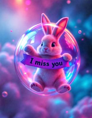 The primary subject of the image is a cute bunny holding a sign that reads "I miss you." The setting is a pink and purple background, which adds a playful and warm atmosphere to the scene. The visual style is a digital art or illustration, creating a whimsical and heartwarming scene. The colors and mood convey a sense of nostalgia and longing, as the bunny symbolizes love and companionship.