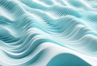 The primary subject of the image is a large, white, and blue wave pattern. The setting is a blue and white ocean, with the wave pattern extending across the entire image. The visual style is a combination of photo and digital art, creating a unique and eye-catching design. The dominant colors are blue and white, giving the image a calming and serene atmosphere.