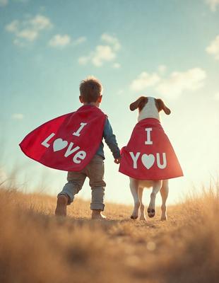 The primary subject of the image is a young boy and a dog, both wearing red capes. They are walking together, possibly on a hill or in a field. The setting appears to be outdoors, with a sunny atmosphere. The visual style of the image is a photo, capturing the moment between the boy and the dog. The colors in the image are predominantly red, which adds a warm and friendly mood to the scene.