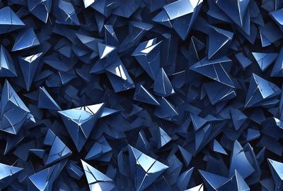 The primary subject of the image is a large number of blue triangles, which are arranged in a visually appealing manner. The setting is a blue background, which provides a striking contrast to the triangles. The visual style of the image is a combination of digital art and illustration, creating a unique and eye-catching pattern. The dominant colors in the image are blue and silver, giving the scene a modern and sophisticated atmosphere.