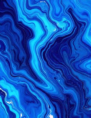 The primary subject of the image is a close-up of a blue and white patterned surface, which appears to be a piece of art or a decorative item. The setting is a room with a blue background, and the visual style is a combination of a photo and digital art. The dominant colors in the image are blue and white, creating a calm and soothing atmosphere.