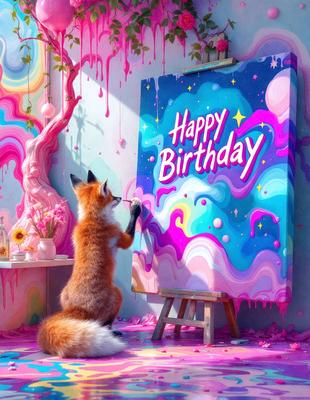 The primary subject of the image is a fox, which is sitting in front of a painting. The setting is a room with a painting on the wall, and the visual style appears to be a digital art or illustration. The colors and mood of the image are vibrant and lively, with the fox and the painting creating a joyful atmosphere.