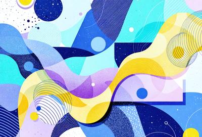 The primary subject of the image is a colorful, abstract artwork featuring a mix of blue, yellow, and purple colors. The setting is a blue background, which complements the vibrant colors of the artwork. The visual style is a combination of digital art and illustration, creating a unique and eye-catching design. The overall atmosphere is lively and energetic, with the artwork capturing the viewer's attention and evoking a sense of movement and dynamism.